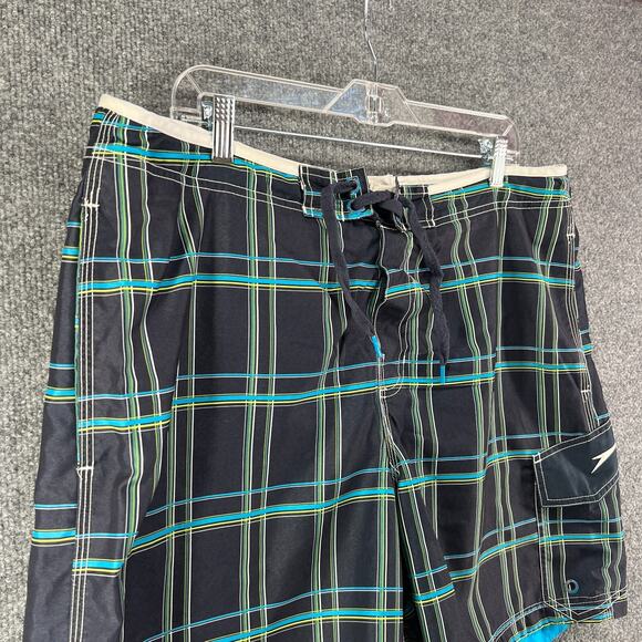 Speedo Swim Trunks Mens Large Black Blue Plaid Comfort Drawstring Lined - Picture 3 of 10